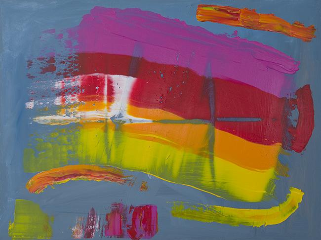 Fruition Roll Up A bright abstract painting made with blue yellow orange red and magenta