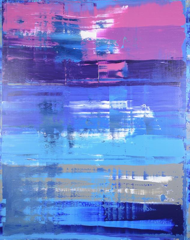 Galaxy Observation An abstract painting made up of pinks grays and blues