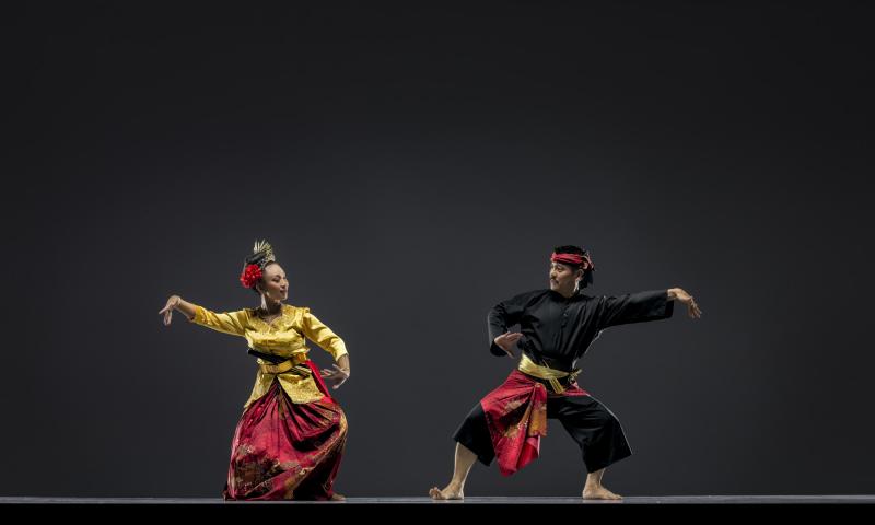 A female and male Asian dancer performing traditional dance.