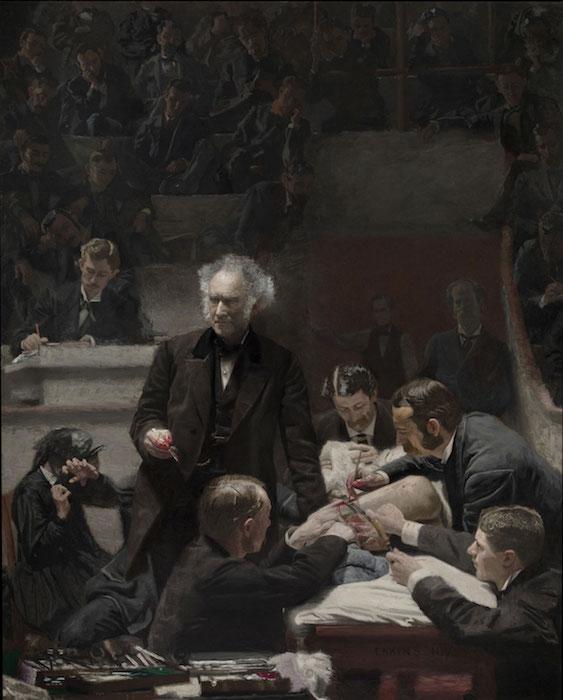 a 19th century painting of several men watching a medical dissection