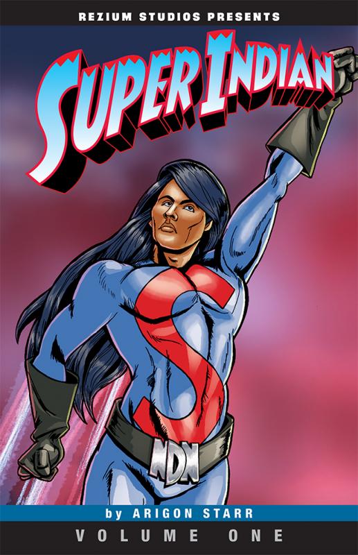 Comic book cover with Super Indian reaching fist to sky