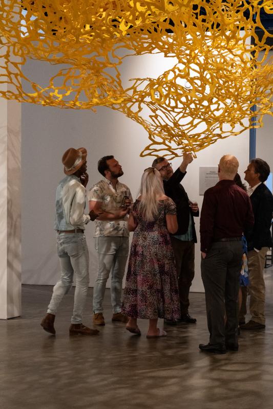 Roil at the Southern Prize A group of people look up in a gallery at a lacy yellow sculpture installation