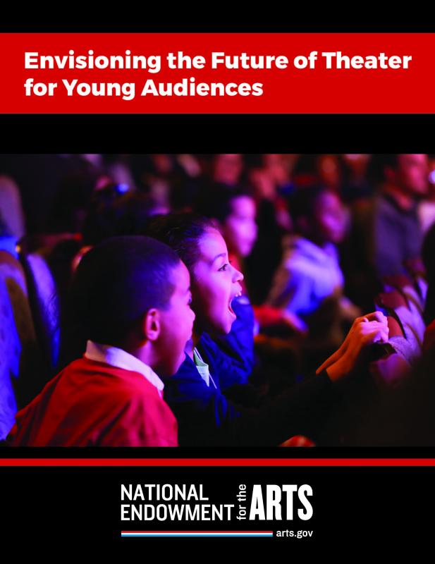 Report cover for Envisioning the Future of Theater for Young Audiences showing two children pointing excitedly towards a stage.