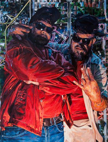 a painting of two young men in sunglasses and backward baseball caps