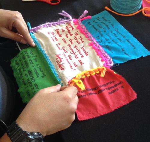 Four patches being woven together. Each patch contains a haiku