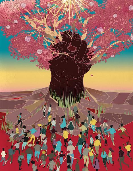 An illustration of a giant brown fist out of which a pink-flowered tree is growing. At the base of the fist tree, you can see a crowd of people rushing toward it
