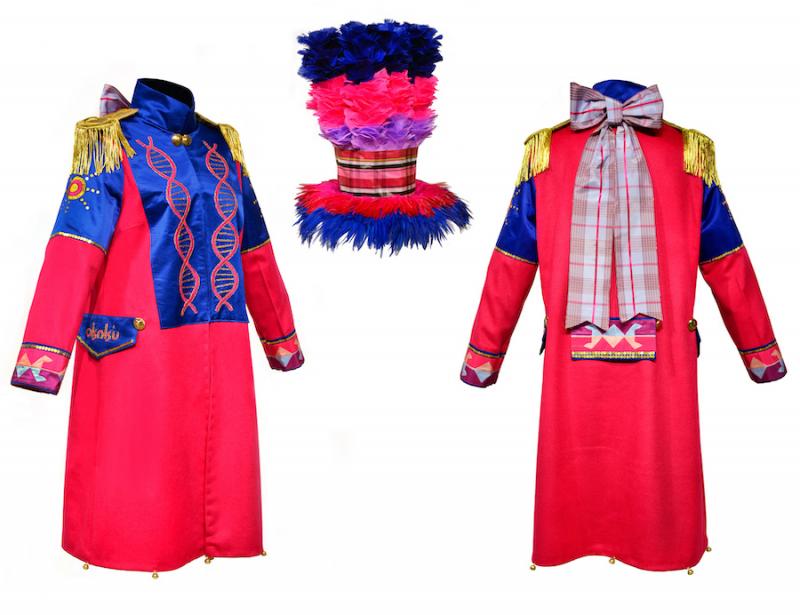 A bright red and blue formal coat with gold fringe on the shoulder and a large bow (shown from the front and back) and a feathery tall hat of the same colors