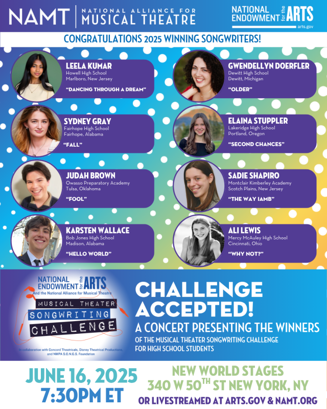 Photos of the winning songwriters alongside their names, schools, location, and song title. Text provides the details on the concert on June 16, 2025.