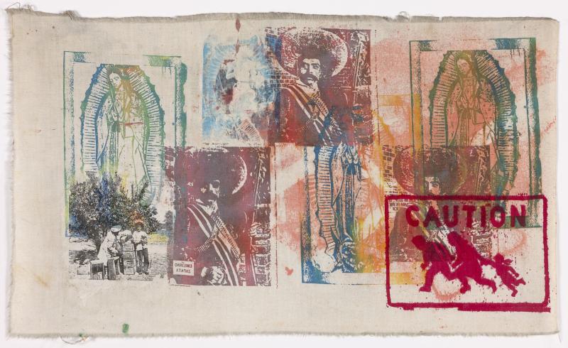 Fiber artwork with various images of red, green blue, and orange images of men in sombrero hats, a caution image, and religious women figurines