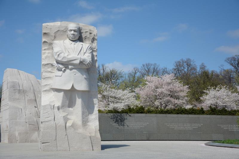 A statue of Dr. Martin Luther King Jr. and a memorial wall with cherry blossom flowers over top