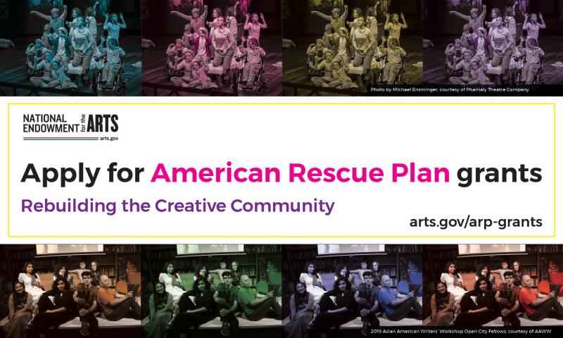 Graphic with 2 photos in 4 different colors surrounding text Apply for American Rescue Plan Grants