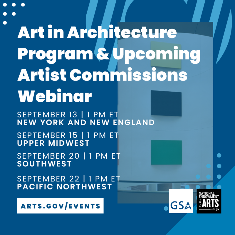Blue and white social media image that promotes the upcoming Art in Architecture Program & Upcoming Artist Commissions Webinar