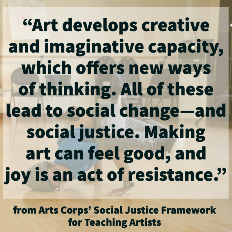 "Art develops creative and imaginative capacity, which offers new ways of thinking. All of these lead to social change--and social justice. Making art can feel good, and joy is an act of resistance."