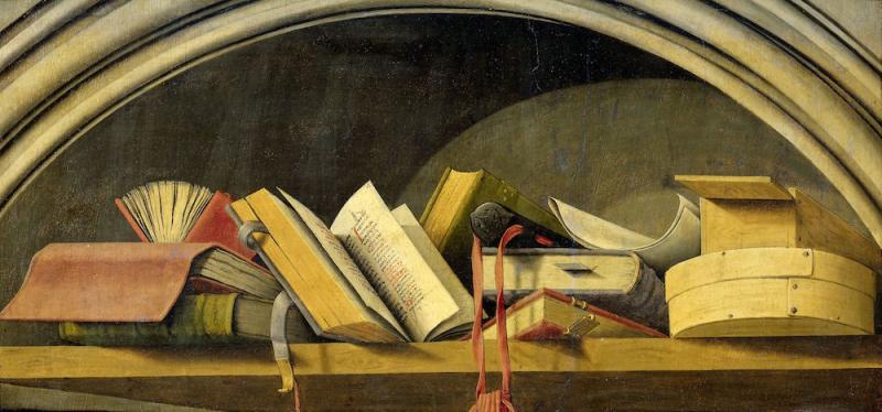 Dutch painting of various books in an arched niche