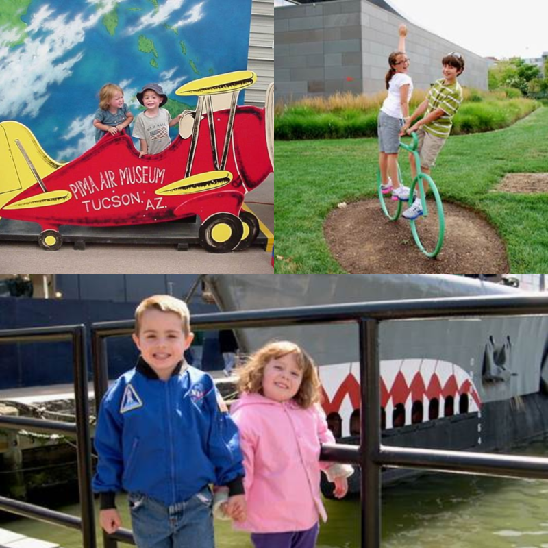 a collage of photos of two children at various museums