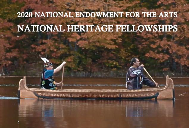 Photo of two men canoeing on a lake, with the words 2020 National Endowment for the Arts NEA NATIONAL HERITAGE FELLOWSHIPS superimposed above them