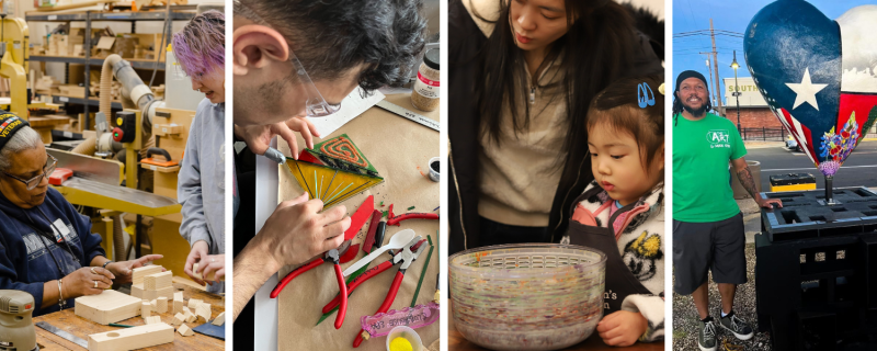 Four photos of people engaging with the arts