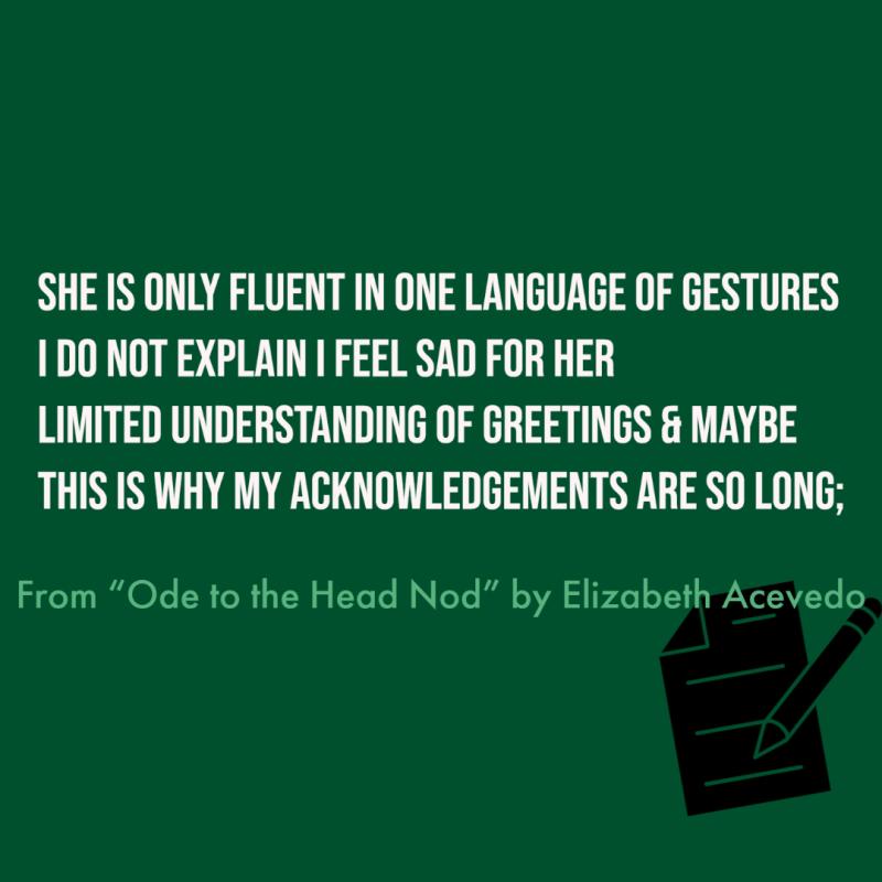 she is only fluent in one language of gestures i do not explain                     i feel sad for her  limited understanding of greetings              & maybe this is why my acknowledgements are so long;