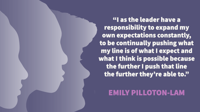 I as the leader have a responsibility to expand my own expectations constantly, to be continually pushing what my line is of what I expect and what I think is possible because the further I push that line the further they’re able to. – Emily Pilloton-Lam