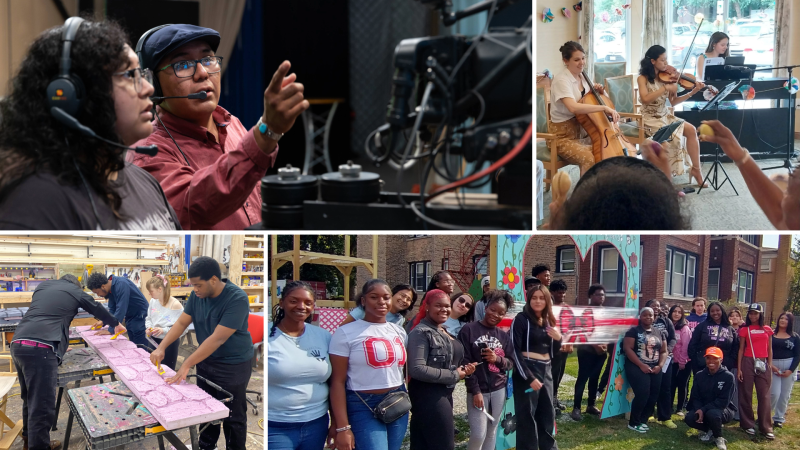 A collage of four photos shows groups of people participating in a collection of arts activities