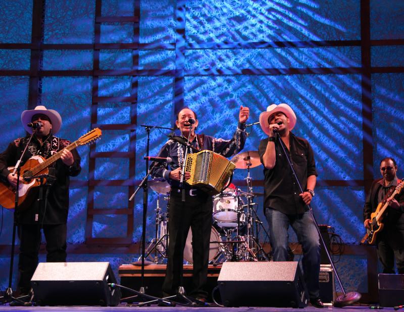 A group of men performing on stage. The three men in front are singing. One is also playing a guitar and the one in the center is playing a button accordion