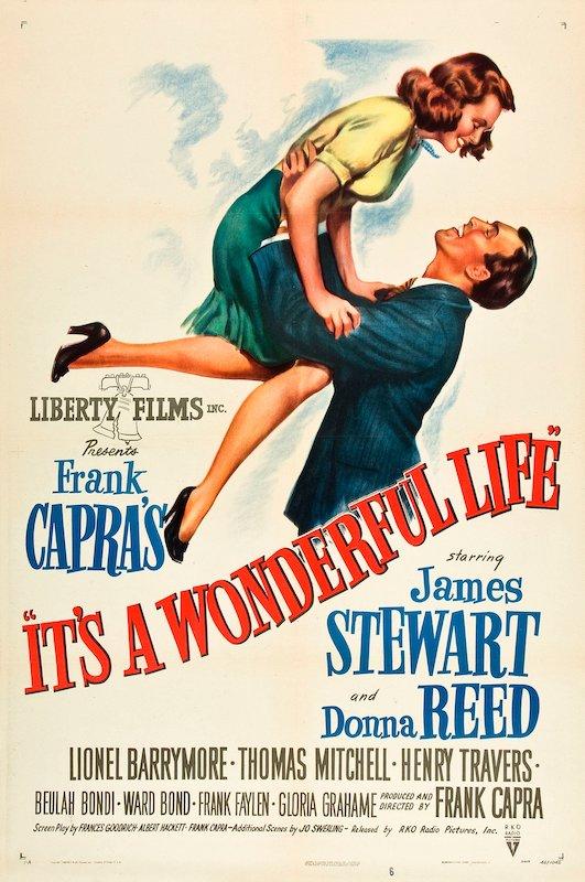 1946 film poster for It's a Wonderful Life with illustration of Jimmy Stewart lifting Donna Reed into the air and title of the film