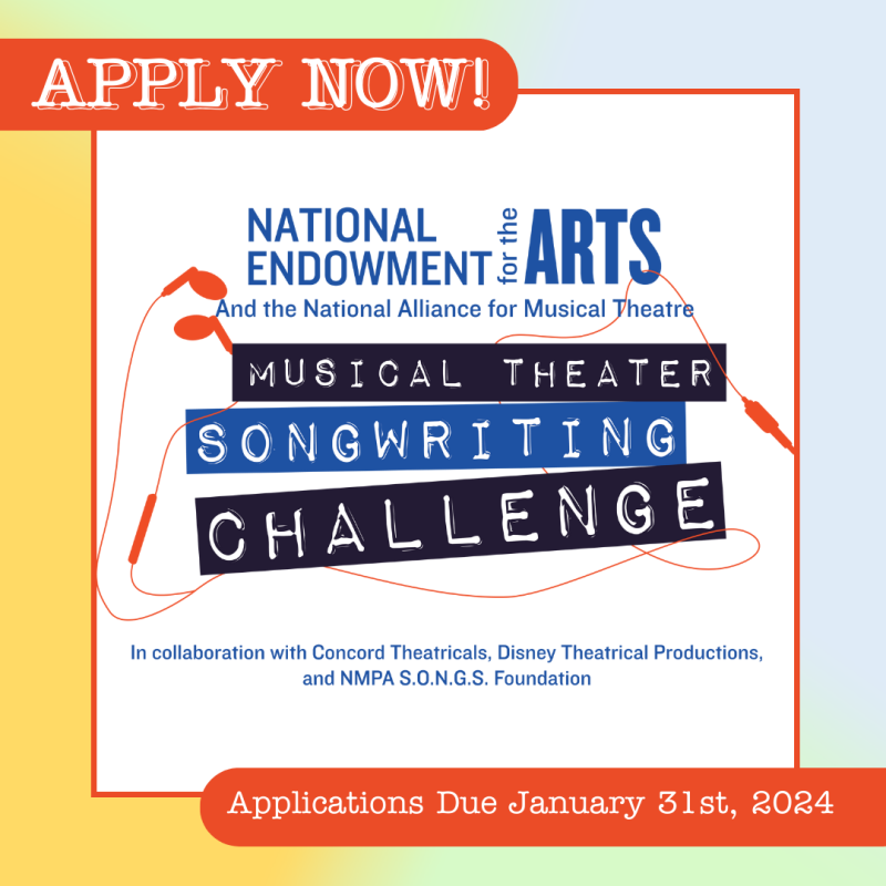 Musical Theater Songwriting Challenge logo with APPLY NOW and Application deadline, January 31, 2024