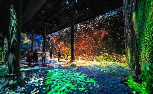 Multi-colored indoor visual projection installation taking up an entire gallery space