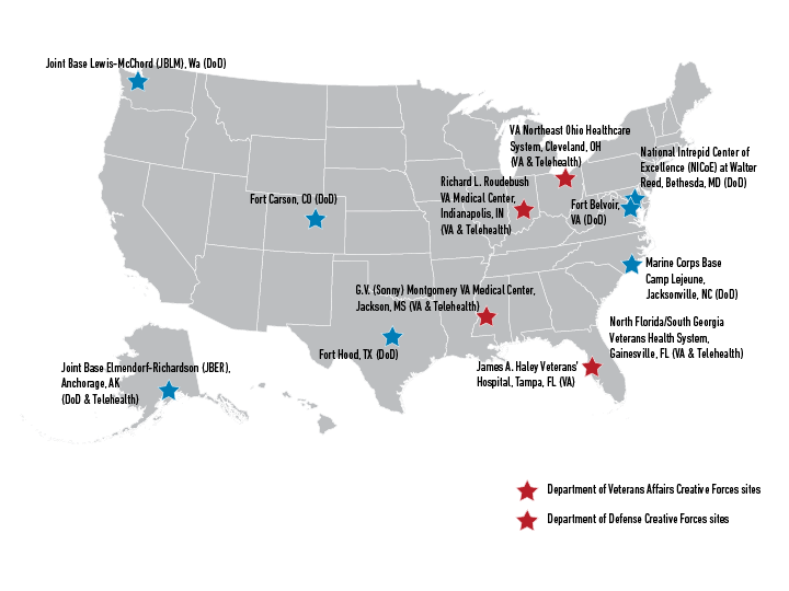 A map of the United States with 12 locations highlighted as Creative Forces clinical sites.