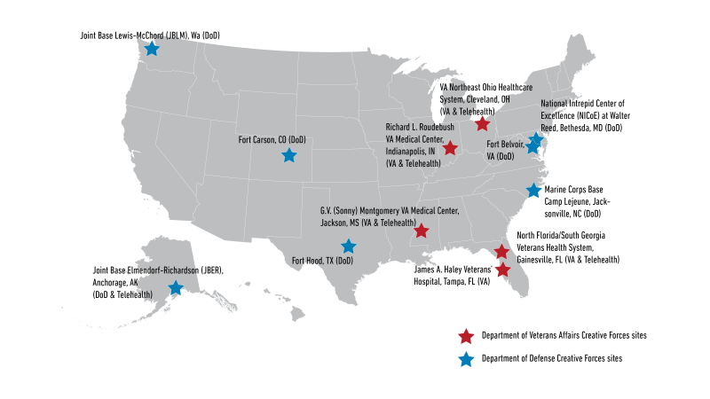 A map of the United States with 12 locations highlighted as Creative Forces clinical sites.