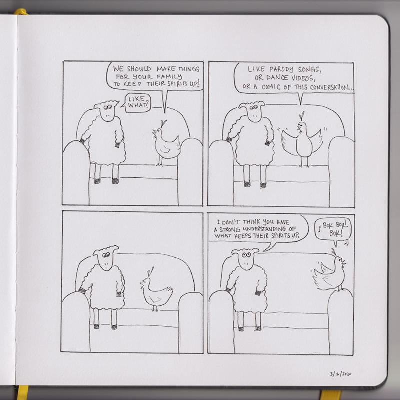a comic strip featuring a sheep and a chicken sitting on a couch together talking about making presents to lift people's spirits during the pandemic 