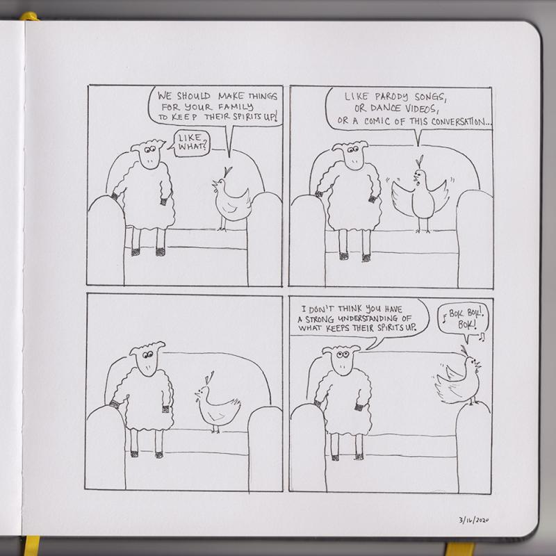 a comic strip featuring a sheep and a chicken sitting on a couch together talking about making presents to lift people's spirits during the pandemic