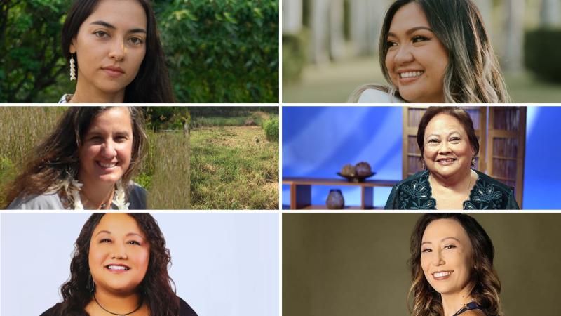 Woman with long dark hair and white earrings (top left), woman with brown and blonde hair smiling to her right (top right), woman with long brown hair smiling front and center (middle left), woman with short brown hair smiling front and center (middle right), woman with long dark and wavy hair smiling front and center (bottom left), and woman with dark and blong curled hair turned to her right side and smiling (bottom right)