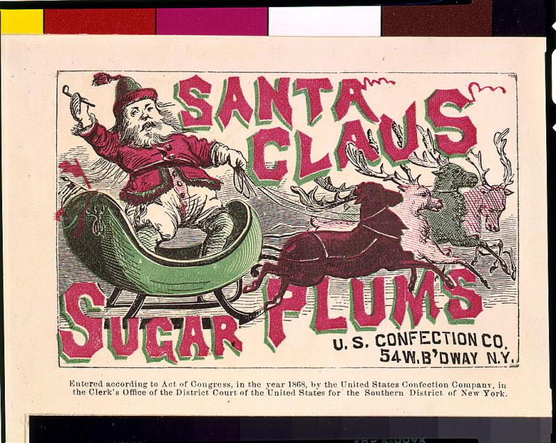 Confection label, showing Santa Claus on sleigh with reindeer.