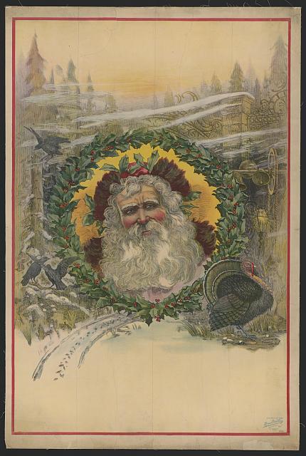 Santa Claus's face in the middle of a Christmas wreath, surrounded by trees and turkey