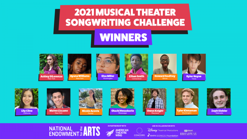 2021 Musical Theater Songwriting Challenge Winners photos of 13 students are displayed on a teal background representing winners of the 2021 Songwriting challenge