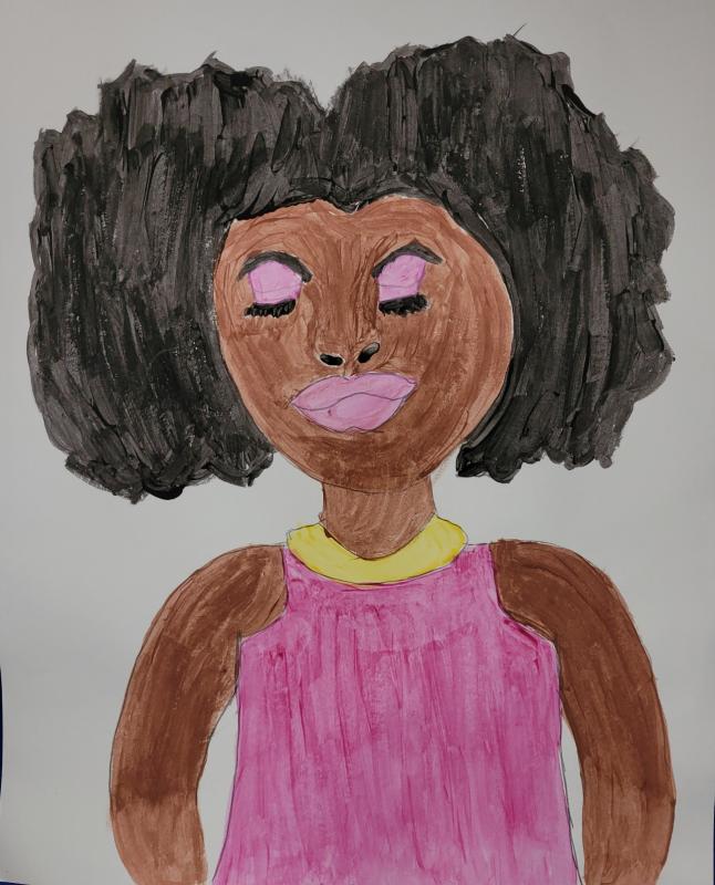 Pretty in Pink by Tamika Shingler A painting of a woman in a pink dress with yellow collar