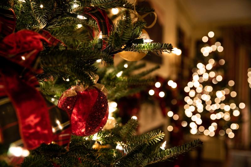Christmas Tree with red ornaments and ribbon. There is a second lit Christmas tree in the back of the photo. Christmas Tree with red ornaments and ribbon. There is a second lit Christmas tree in the back of the photo.