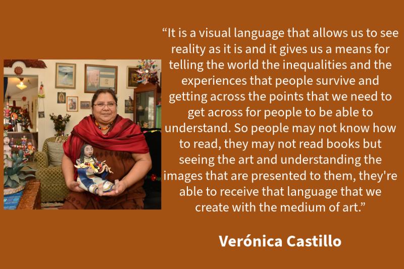 Brown graphic with white text on the right and a woman on the left with a red shawl around her shoulders, holding her clay work in a room full of her artwork