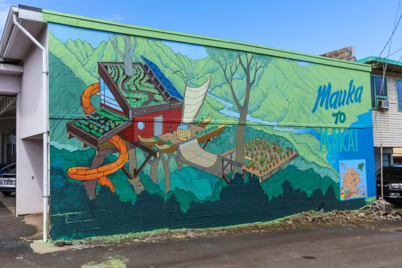 Multicolored mural with aquatic theme