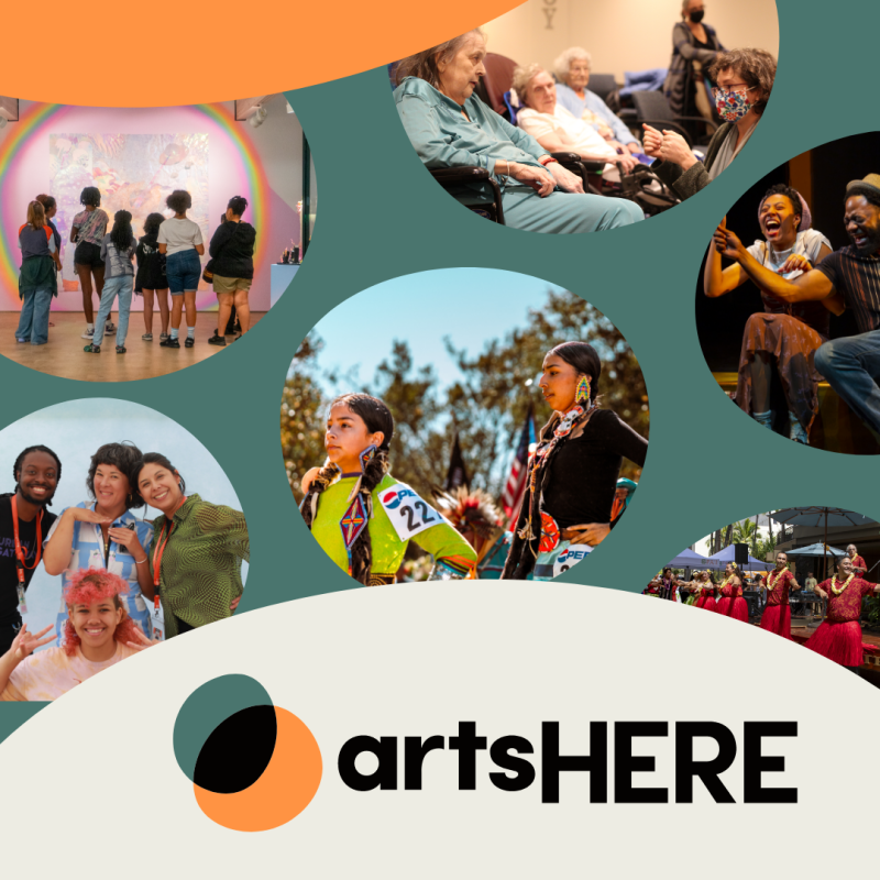 A collage of images within orbs floating over green. In these images, folks engage with art exhibits, dance at powwows, act on stage, hula in community, and communicate with the elderly. Two larger orbs frame the top and bottom, with the ArtsHERE logo and crediting language over the bottom.