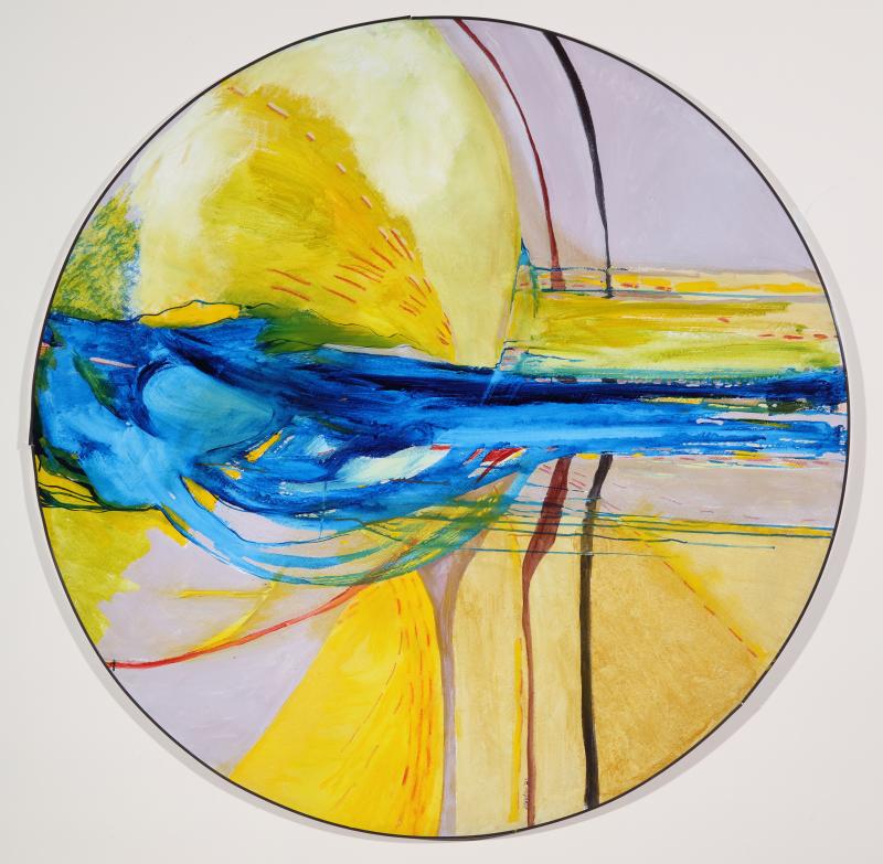 Abstract round painting in vibrant blue and yellow.