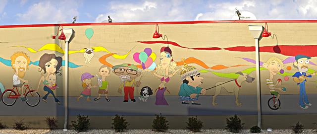 mural wall with cartoon representations of a parade of people doing every day activities like walking the dog, riding bikes, playing music