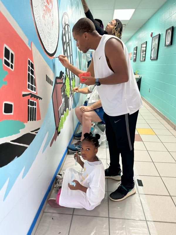 Photo of a group of people working on an indoor mural