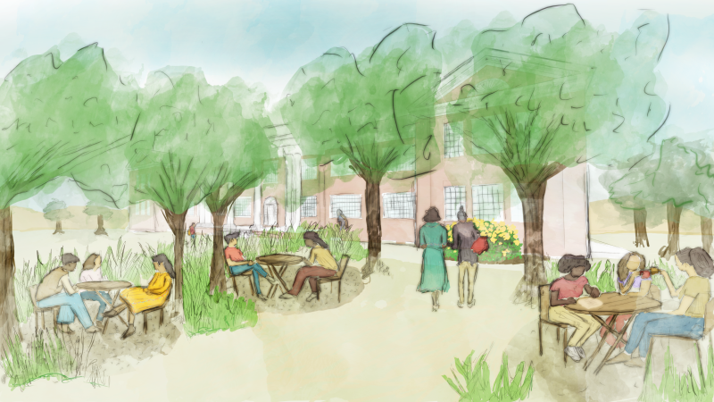 Drawing of a shady tree-lined area with people gathering there.