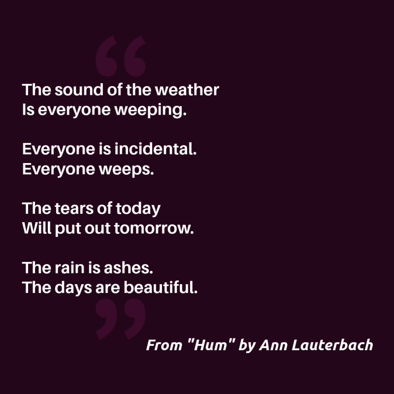 "The sound of the weather/ Is everyone weeping.// Everyone is incidental./ Everyone weeps.// The tears of today/ Will put out tomorrow.// The rain is ashes./ The days are beautiful." From "Hum" by Ann Lauterbach
