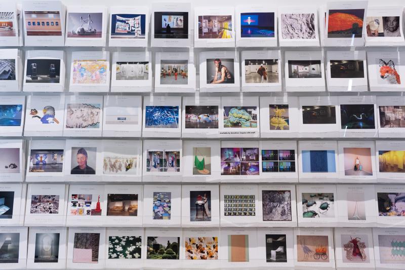 Photo showing a clear case of photos from various solo art exhibitions.