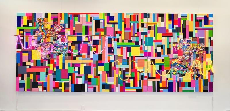 Multi-colored (pink, green, grey, blue, red, purple, black, blue) mixed media on canvas.
