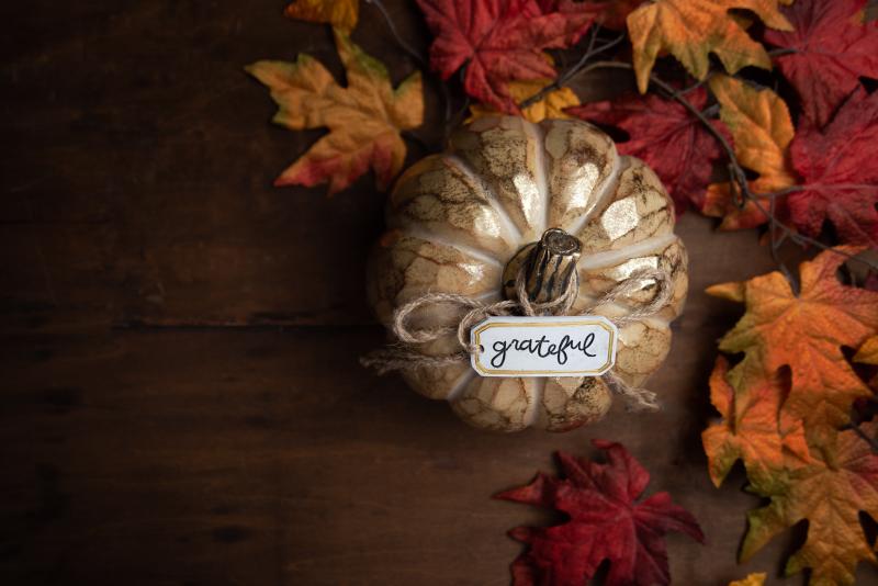 On a wooden table: yellow and burgundy leaves and a small pumpkin with the word "grateful" on it.