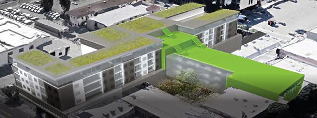Artist rendering of an aerial view of a new building